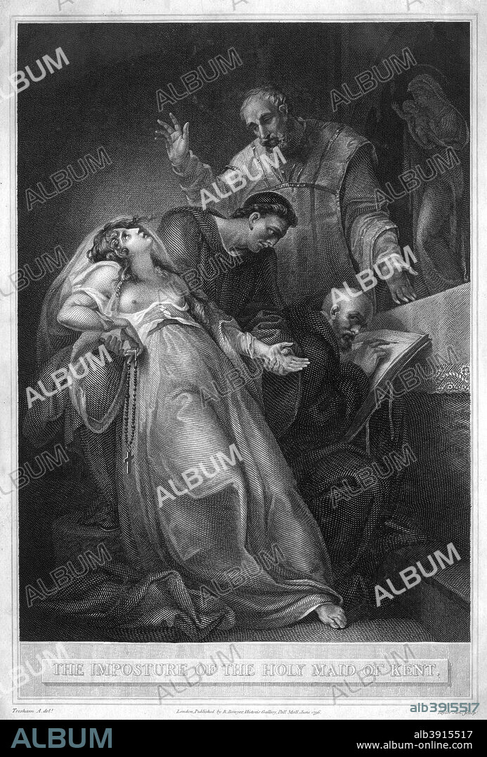 'The Imposture of the Holy Maid of Kent', 16th century (1796). Elizabeth Barton (1506?-1534) known as The Nun of Kent, The Holy Maid of London, The Holy Maid of Kent and later The Mad Maid of Kent was a Catholic nun who claimed to have received revelations from God. An opponent of Henry's Reformation of the Church, she prophesied that the king would die shortly afterwards if he was to marry Anne Boleyn. Supporters of the king had discredited Elizabeth by spreading rumours that she had engaged in sexual relationships with priests and had her arrested. After her arrest she confessed (possibly under coercion) that her revelations had been fabricated and was executed for treason.