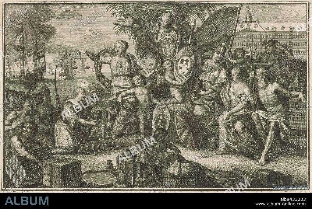 Allegory of the East India Company, Putti with coats of arms of Aegidius van den Bempden, Hendrik Trip, Adriaan van Loon and Reinier Bouwens (mayor and trustees of the trading company) are flanked by Justice with scales and Minerva with (freedom) hat in hand. On the right a putto with the flag of the VOC, Mercury as god of trade, Neptune as god of the sea, an allegorical female figure and the Oostindisch warehouse in Amsterdam. On the left, trading ships at sea, people representing the East Indian peoples and a woman with censer and star on her head. In the foreground merchandise., print maker: anonymous, publisher: Rudolph Wetstein, publisher: Jacobus Wetstein, Amsterdam, 1728, paper, etching, letterpress printing, height 118 mm × width 194 mm.