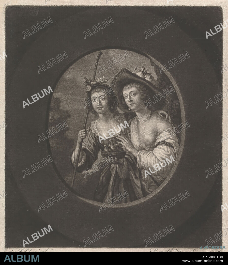 Pamela and Philoclea, Print made by Valentine Green, 17391813, British, after Sir Peter Lely, 16181680, Dutch, active in England (from 1643), ca. 1777, Mezzotint on medium, slightly textured, cream laid paper, Sheet: 8 3/4 x 8 inches (22.3 x 20.3 cm), Plate: 8 9/16 x 7 1/2 inches (21.7 x 19 cm), and Image: 8 5/16 x 7 1/2 inches (21.1 x 19 cm), bergère hat, dresses, flowers (plants), hats, literary theme, necklace, oval, pearls, shepherd's crook, shepherdesses, sisters, The Countess of Pembroke's Arcadia, women.