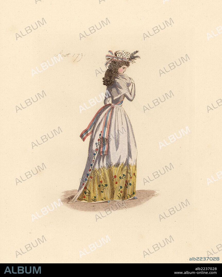French woman wearing the fashion of August 1791. She wears a liberty cap with ribbons, large wig, fichu (neckerchief), redingote with tricolor ribbon, and embroidered petticoat. Handcoloured etching by Auguste Etienne Guillaumot Jr. from "Costumes of the French Revolution, 1790-1793," Bouton, New York, 1889. From the collection of contemporary costume prints of Victorien Sardou.
