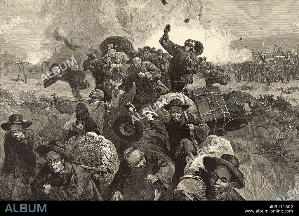 The massacre of the Chinese at Rock Springs, Wyoming, September 2nd, 1885. The print shows Chinese immigrant coal miners working for Union Pacific Coal Company fleeing from armed white miners who blamed the Chinese miners for taking their jobs. Harper's Weekly, September 26, 1885. Drawn by Thure de Thulstrup (1848-1930) from photographs by Lieutenant C.A. Booth, Seventh United States Infantry. Wood engraving.