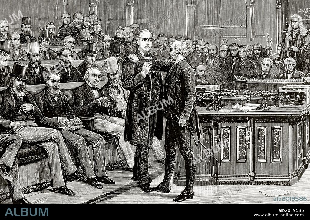 Charles Bradlaugh (1833-1891). Activista político y uno de los más famosos ateos ingleses del Siglo XIX. "Londres. Cámara de los Comunes. Arresto del diputado ateo M. Brandlaugh, por negarse a abandonar el salón de sesiones". Grabado de "La Ilustración Española y Americana", 1885.