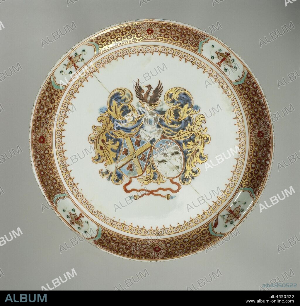 Plate with the arms of the De Neufville and De Wolff family, Porcelain plate, painted on the glaze in blue, red, turquoise, black and gold. On the shelf the arms of the De Neufville and De Wolff family. The coat of arms on the left is from the De Neufville family and consists of four towers and a golden St. Andrew's cross with an anchor in the middle. The weapon on the right is from the De Wolff family and consists of wolves and common swifts. The helmet sign is a bird. The arms are surrounded by a cover of blue and gold leaf vines and at the bottom of two tassels in iron red. A spearhead border around the weapon, on the wall a honeycomb pattern with stylized lotus interrupted by four cartouches with mushroom (lingzhi). The back with four flower sprays. Plate has been broken, the edge has been ground. Weapon porcelain with enamel colors., anonymous, China, c. 1740 - c. 1760, Qing-dynasty (1644-1912) / Qianlong-period (1736-1795), porcelain (material), glaze, gold (metal), vitrification, h 2 cm d 16.3 cm d 12.2 cm.