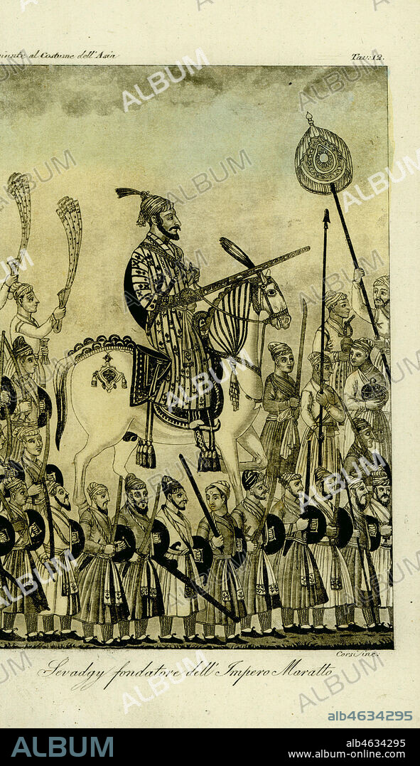 Chhatrapati Shivaji Bhonsle I, founder of the Maratha Empire, 1674-1818, India. On horseback leading his warrior clan. Sevadgy fondatore dellImpero Maratto. From a miniature. Hand-tinted copperplate engraving by Corsi after Giulio Ferrario in his Costumes Ancient and Modern of the Peoples of the World, Il Costume Antico e Modern o Story, Florence, 1833.