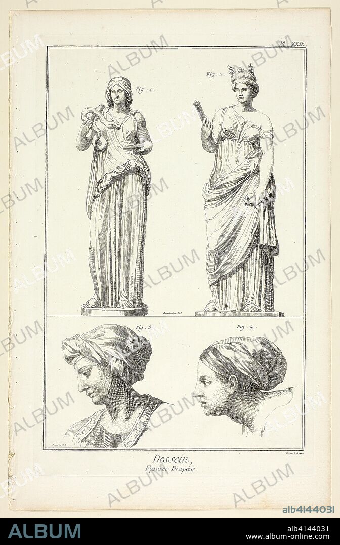 BENOÎT-LOUIS PRÉVOST. Design: Draped Figures, from Encyclopédie. Benoît-Louis Prévost (French, c. 1735-1809); after Nicholas Poussin (French, 1594-1665); published by André le Breton (French, 1708-1779), Michel-Antoine David (French, c. 1707-1769), Laurent Durand (French, 1712-1763), and Antoine-Claude Briasson (French, 1700-1775). Date: 1762-1777. Dimensions: 322 × 210 mm (image); 350 × 225 mm (plate); 400 × 260 mm (sheet). Etching, with engraving, on cream laid paper. Origin: France.