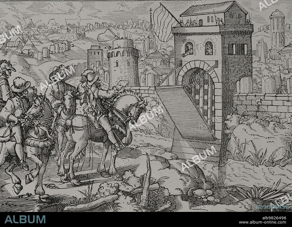Asedio de una ciudad por parte de un ejército feudal. Requerimiento para abrir las puertas y deponer las armas. Grabado según un original del Kriegsbuch (manual de guerra) por Leonhardt Fronsperger, Frankfurt, 1575. "Vie Militaire et Religieuse au Moyen Age et à l'Epoque de la Renaissance". París, 1877.