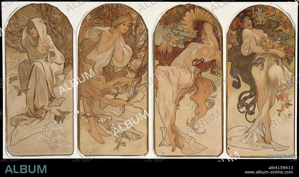 ALPHONSE MUCHA. The Seasons. Alphonse Marie Mucha; Czech, 1860-1939. Date: 1897. Dimensions: 150 × 430 mm (each panel). Color lithograph on paper. Origin: Czech Republic.
