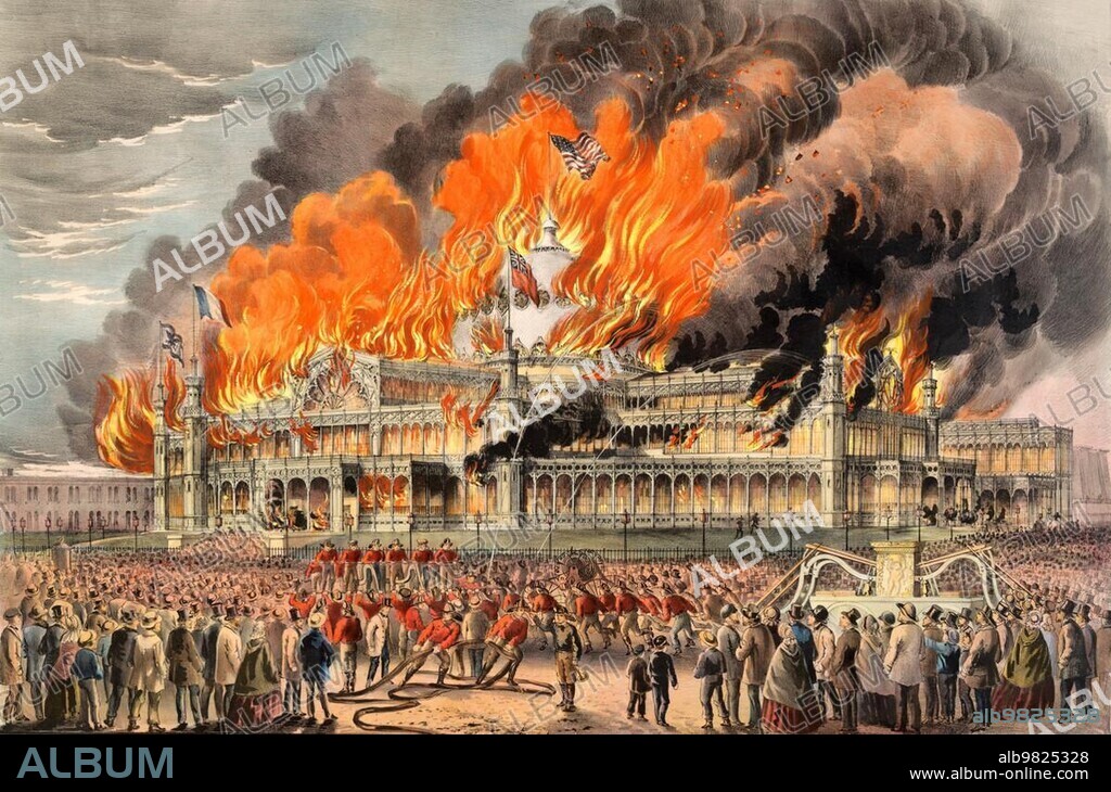 Burning of the New York Crystal Palace; Great Fire on 5 October 1858; America; Historic; digitally restored reproduction from a 19th century original.