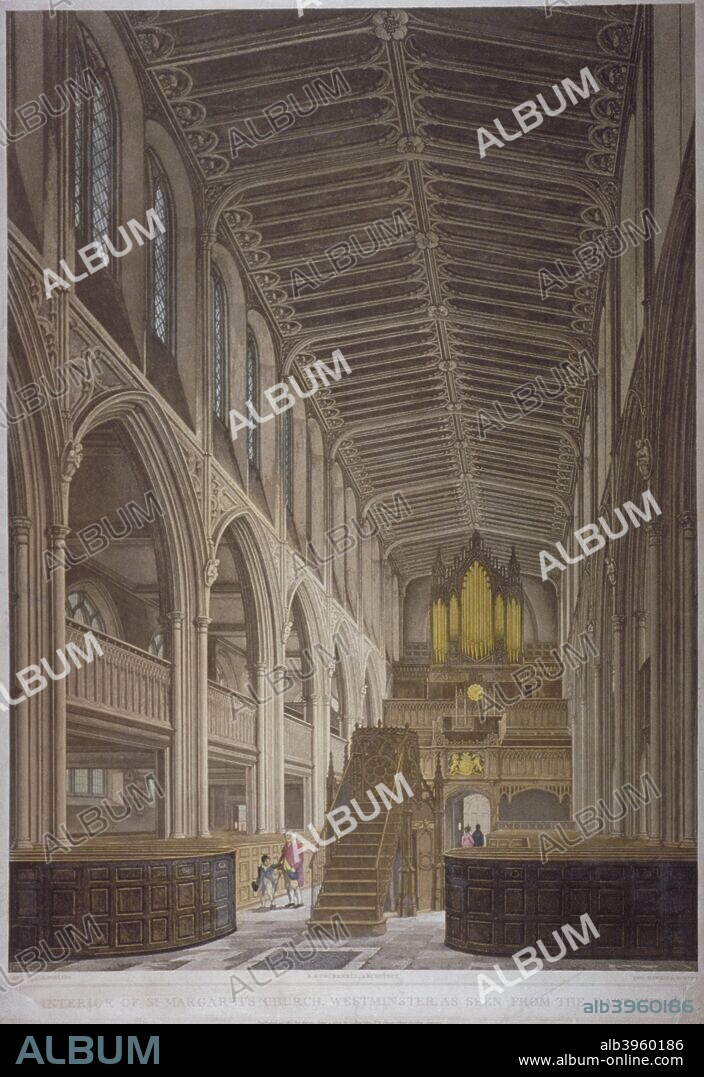 Interior of St Margaret's Church, Westminster, London, 1804. View looking west towards the organ, with figures in the nave.