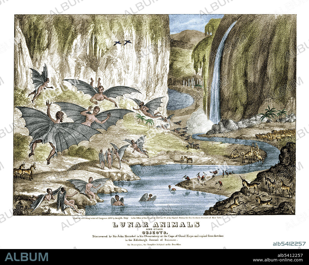 The Great Moon Hoax refers to a series of articles that were published in 1835 by The Sun, a New York newspaper, about the discovery of life on the Moon, and falsely attributed to English astronomer John Herschel. The articles described fantastic animals, including unicorns and bat-like winged humanoids (Vespertilio-homo) who built temples. Authorship of the articles has been attributed to Richard Adams Locke.