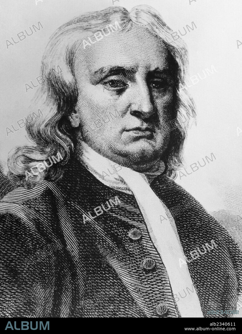 NEWTON, Sir Isaac (Woolsthorpe, 1642-Londres, 1727). Físico, matemático y astrónomo inglés. Hacia 1665 descubrió las leyes de la gravitación universal. Grabado.