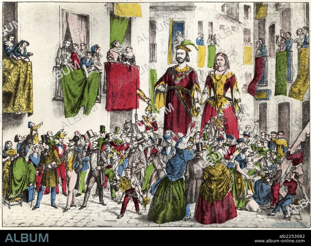 RAMON PUIGGARí. Barcelona. Costumbres populares. Gigantes de la ciudad en la procesión del Corpus. Dibujo de 1860.