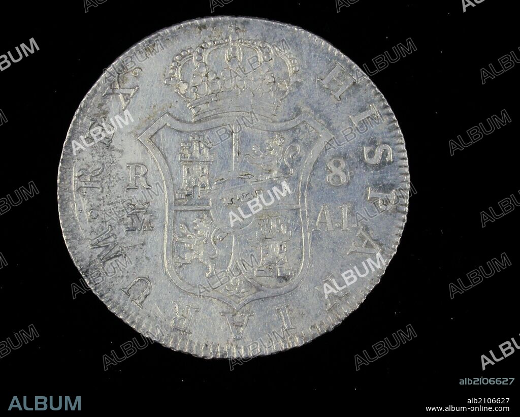 NUMISMATICA. MONEDA MODERNA. OCHO REALES DE PLATA, DE CARLOS IV. REVERSO. ESCUDO CON LAS ARMAS DE CASTILLA, LEON, GRANADA Y BORBON, TIMBRADO DE UNA CORONA REAL.1808. (DEPOSITO: MUSEO ARQUEOLOGICO NACIONAL).