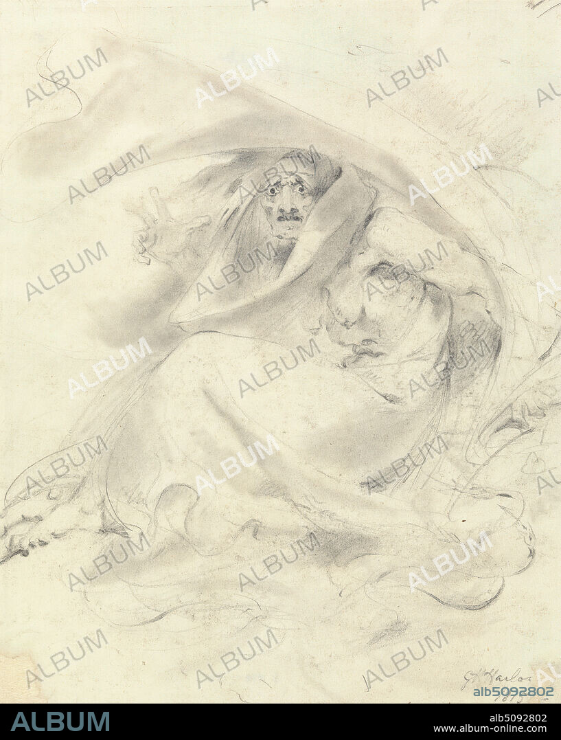 Hecate, George Henry Harlow, 17871819, British, 1815, Graphite with stumping on medium, slightly textured, cream wove paper, Sheet: 8 5/8 × 7 inches (21.9 × 17.8 cm), cloak, gesture, goddess, hand, literary theme, Macbeth, Act IV, Scene I, meteorology, mythology, nude, plays by William Shakespeare, religious and mythological subject, science, storm, witch, woman.