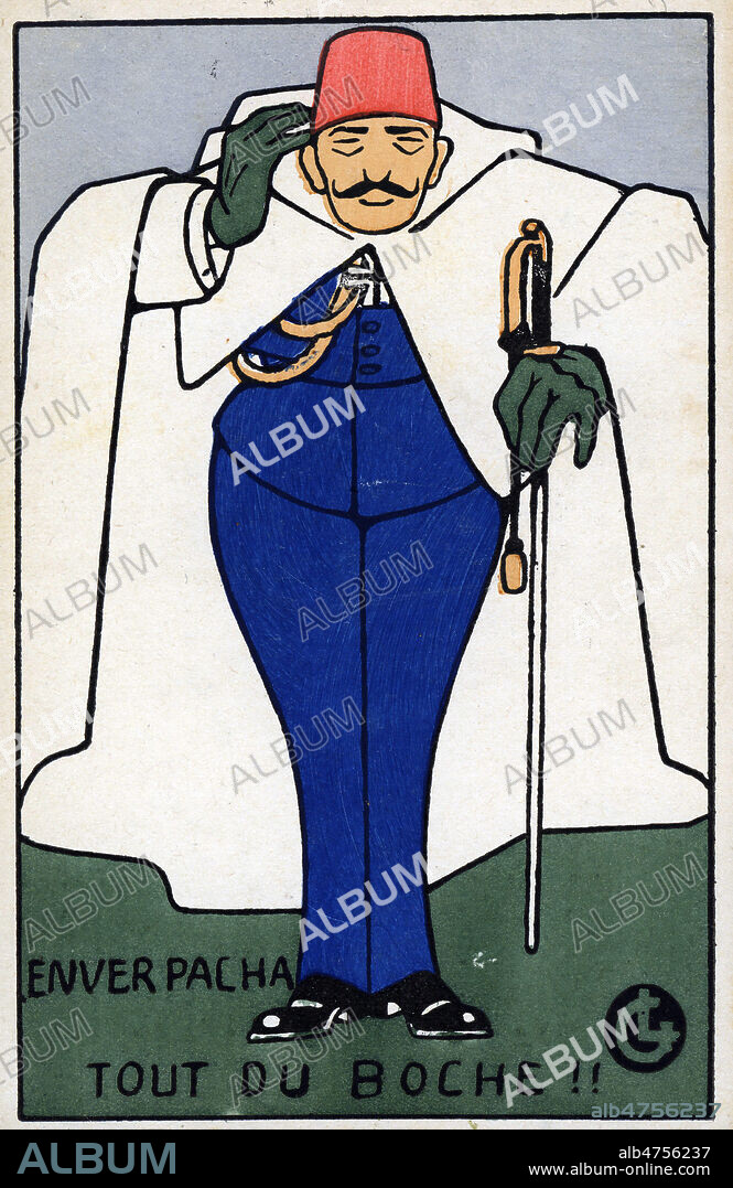 ENVER PACHA (1881-1922) Tout du boche. Caricature anonyme pour une carte postale vers 1914. Credit : Collection IM/KHARBINE-TAPABOR.
