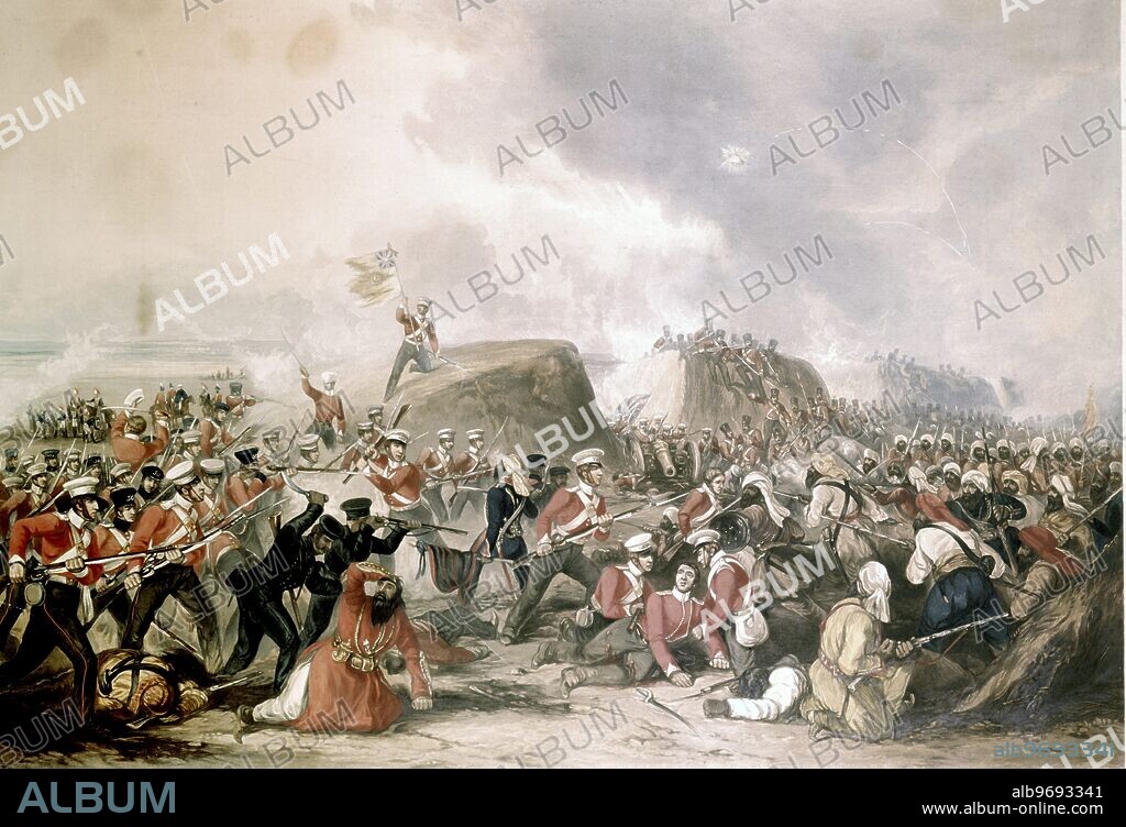 The Battle of Sobrahon 1846 - the first Sikh War ( Sobraon in the Punjab ). The Battle of Sobraon was fought on 10 February 1846 between the forces of the British East India Company and the Khalsa, the army of the Sikh kingdom of the Punjab. The Sikhs were completely defeated, making this the decisive battle of the First Anglo-Sikh War.. ©TopFoto.