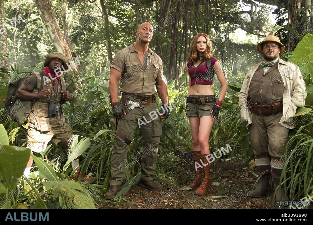 JACK BLACK, KAREN GILLAN and KEVIN HART in JUMANJI: WELCOME TO THE JUNGLE, 2017, directed by JAKE KASDAN. Copyright SONY PICTURES ENTERTAINMENT.