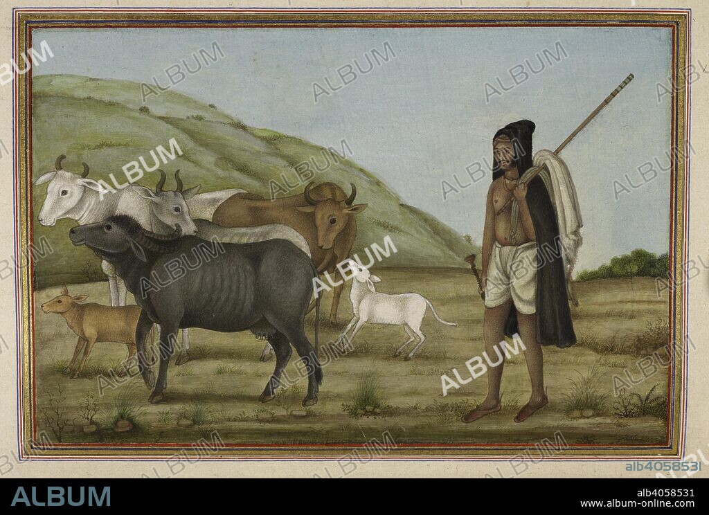 ANON. Ahir, a caste represented by a cowherd with cows and calves. Tashrih al-aqvam, an account of origins and occupations of some of the sects, castes and tribes of India. Written at Hansi Cantonment, Hissar District, eighty-five miles north-west of Delhi for Colonel James Skinner. 1825. Source: Add. 27255, f.146v. Language: Persian.