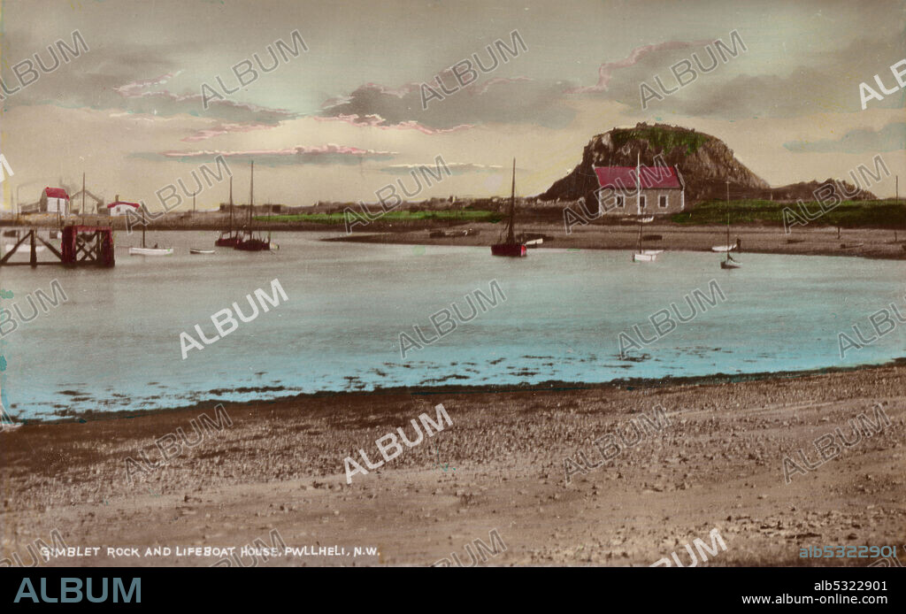 Gimblet Rock and Lifeboat House, Pwllheli, North Wales, 1934.
