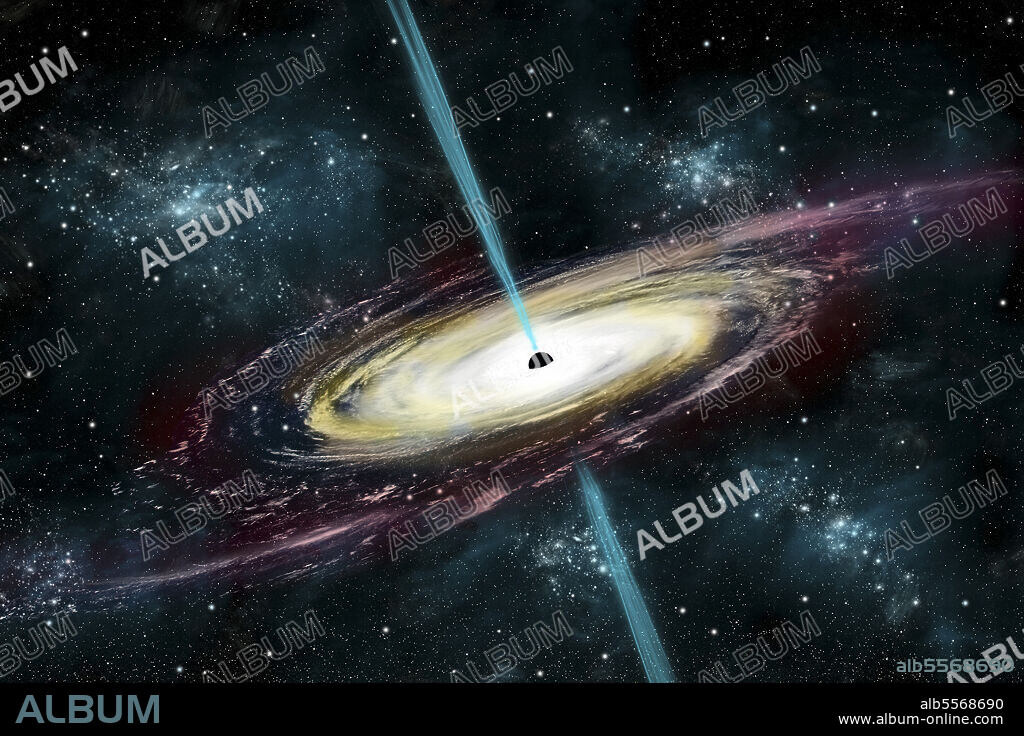 An artist's depiction of a black hole in interstellar space pulling in gas and dust that start to heat. Gamma ray bursts exit at the black hole's poles and shoot into space.