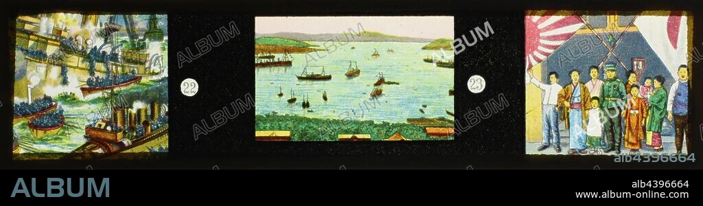 Lantern Slide - Miniature Panorama Type, Ships & Japanese Soldier with Citizens, circa 1910, Miniature panorama type lantern slide, depicting ships and a Japanese soldier with citizens. Part of a collection of 12 panoramic slides and thirty six images in the series showing scenes from the Russo-Japanese War of 1904-1905. pre-cinematic apparatus and ephemera the Australian and Victorian Governments in 1975. David.