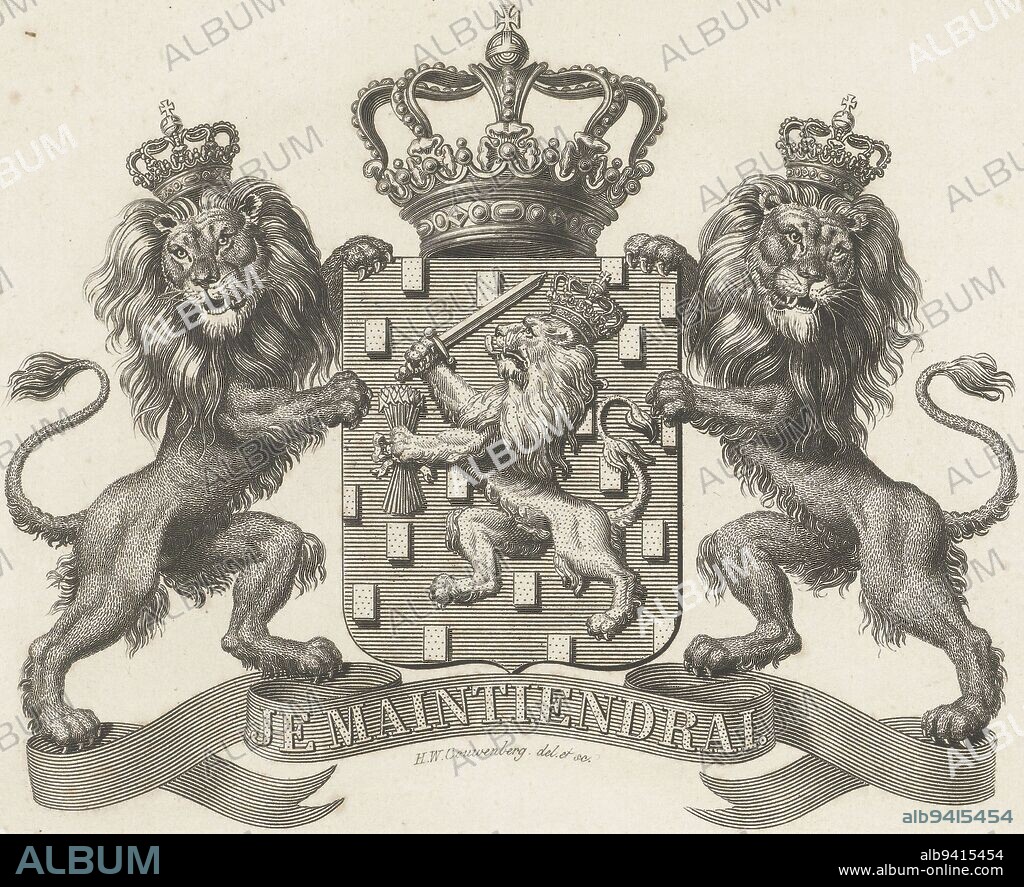 Weapon of the Netherlands with motto: Je Maintiendrai, print maker: Henricus Wilhelmus Couwenberg, (mentioned on object), Henricus Wilhelmus Couwenberg, (mentioned on object), Amsterdam, 1830 - 1845, paper, etching, h 155 mm × w 200 mm.