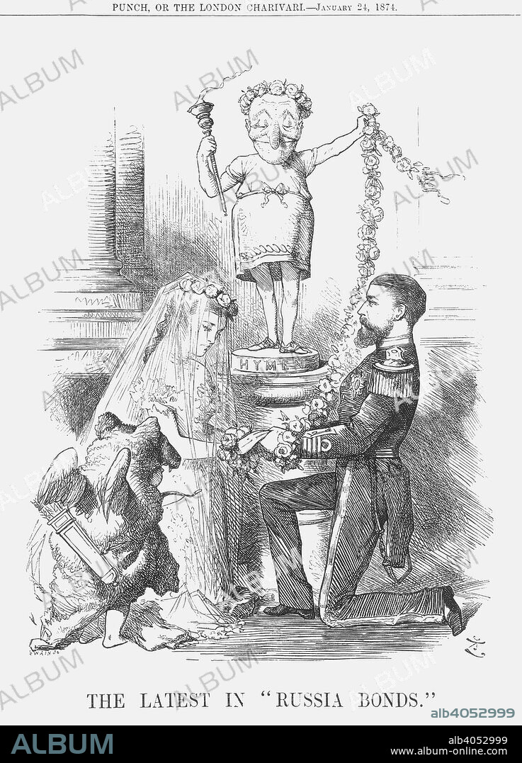 'The Latest in Russia Bonds', 1874. Mr Punch, trailing a garland of roses, stands atop a pedestal labelled Hymen. In the foreground, Cupid wears the skin of the Russian Bear as Grand Duchess Marie Alexandrovna of Russia married Alfred, Duke of Edinburgh. The marriage took place at the Winter Palace, St. Petersburg in a ceremony jointly conducted by Greek ecclesiastics and Dean Stanley of the Anglican Church. From Punch, or the London Charivari, January 24, 1874.