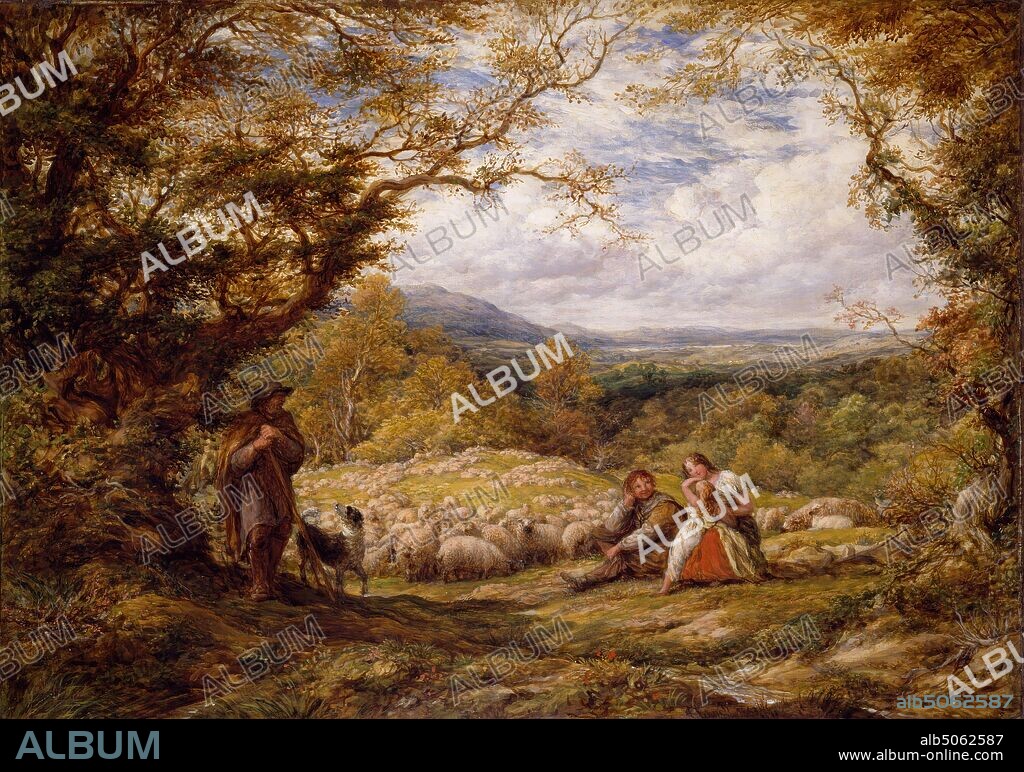 The Sheep Drive, 1863 Artist: John Linnell, Oil Painting, Animal, Sheep, Countryside, Farming, Shepherd, Animal, Dog, Collie.
