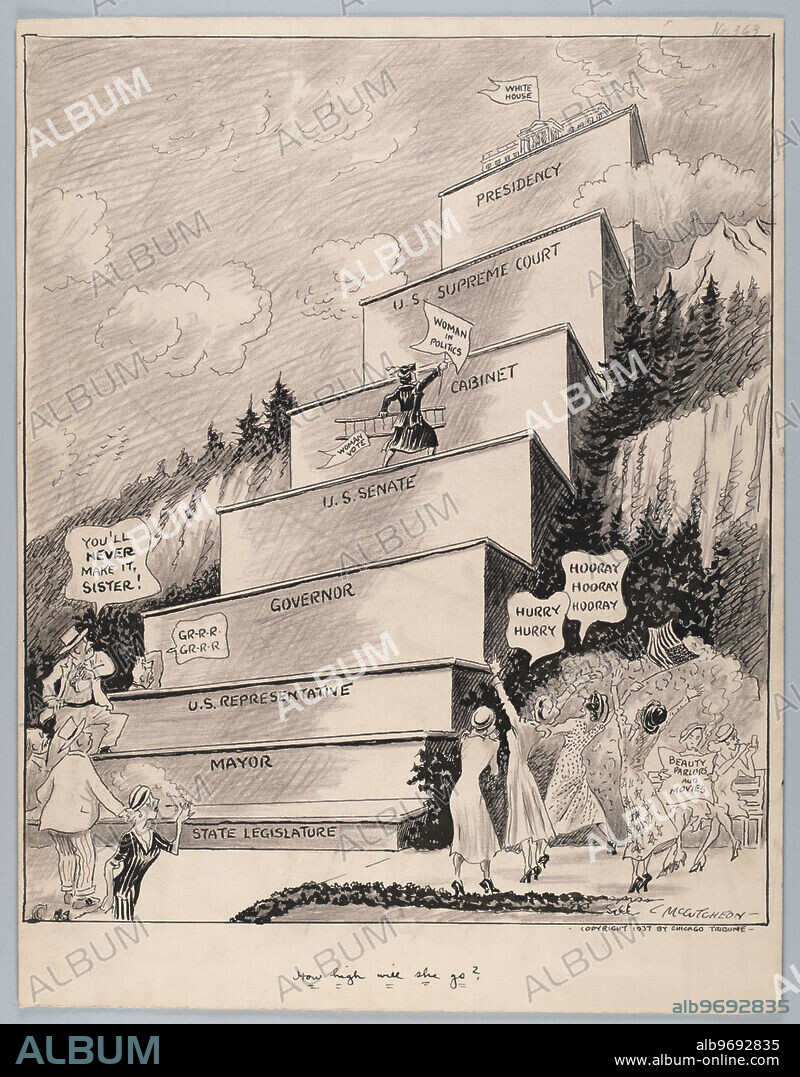 Original pen and ink drawing of a political cartoon titled How High Will She Go? by John T. McCutcheon, 1922. Depicts a woman climbing a staircase of United States political offices.
