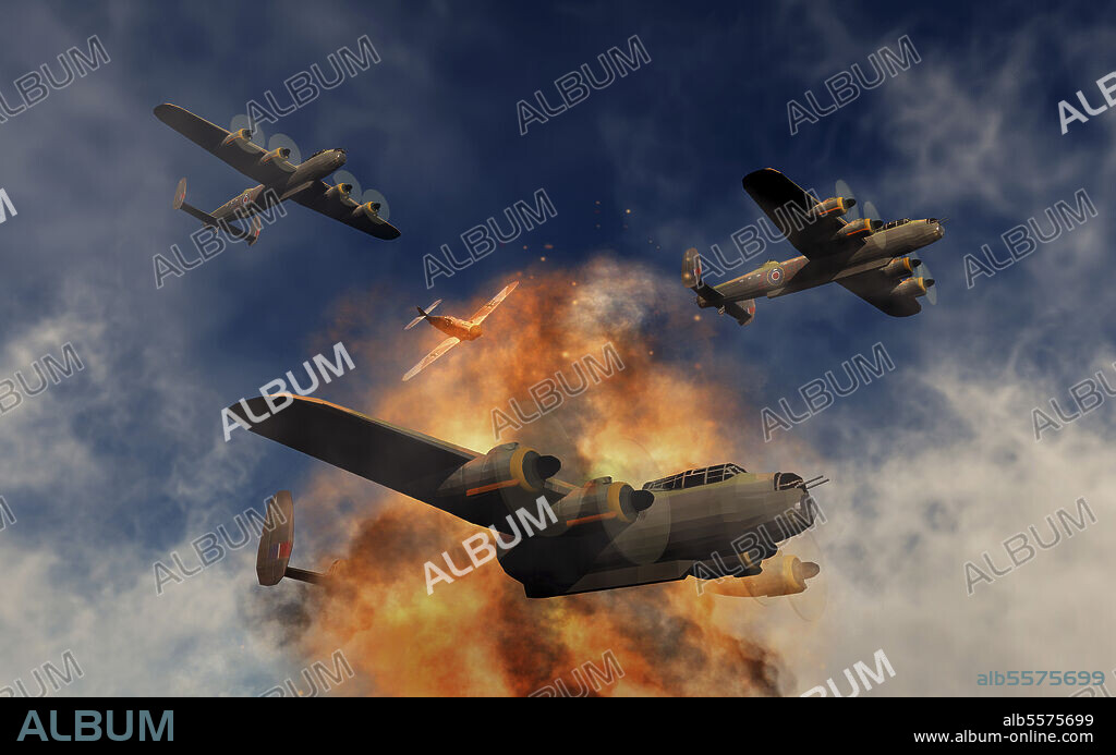 A German Messerschmitt Bf 109 attacking British Avro Lancaster bombers.