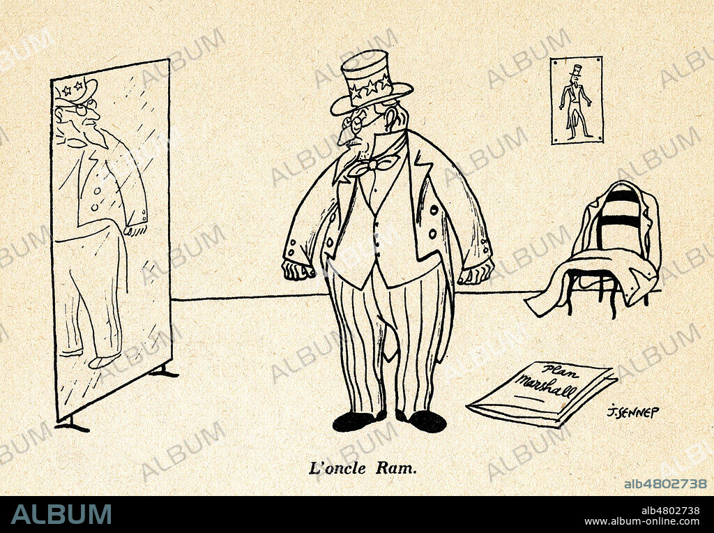 JEAN SENNEP. L'Oncle Ram (Paul RAMADIER (1888-1961). Caricature de 1954 par SENNEP (1894-1982 = ADAGP) pour De Vincent a Rene. Credit : Collection Jonas/Kharbine-Tapabor.