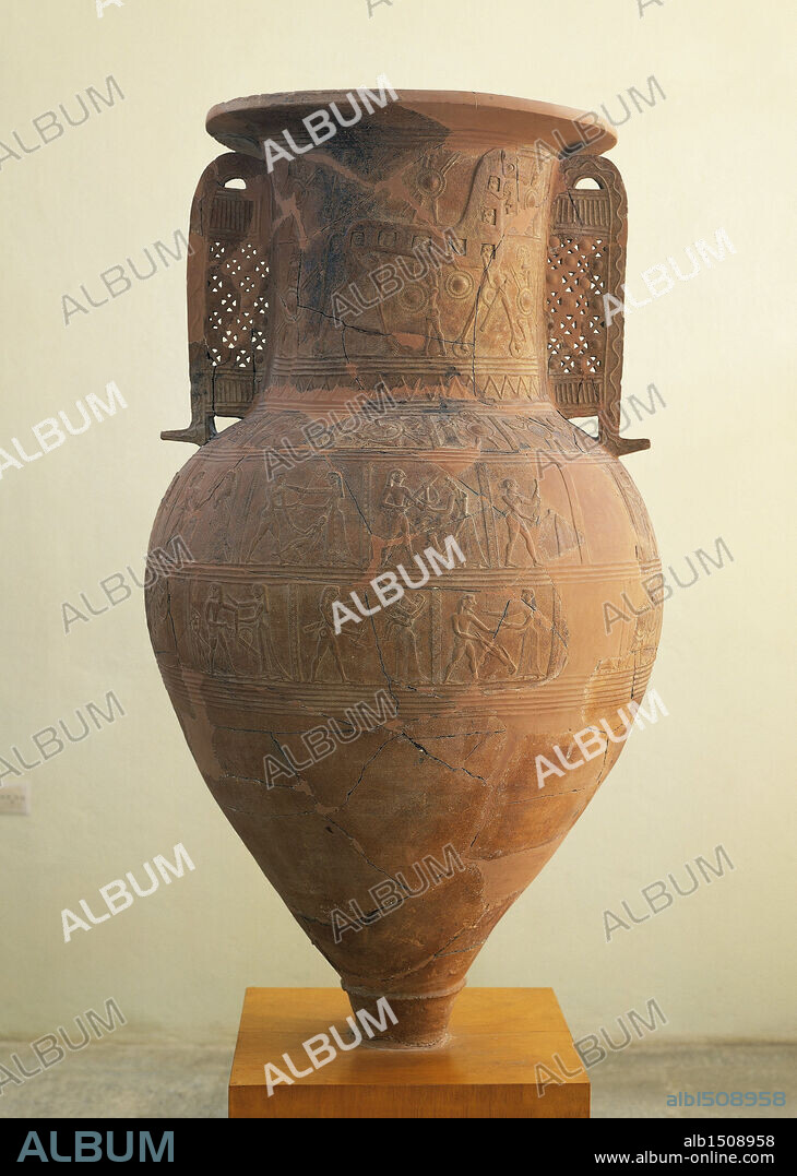 Greek civilization, 7th century b.C. Orientalizing pottery. Amphora with scenes of the Trojan War. From Mykonos, Greece.
