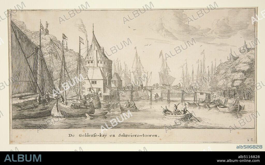 Artist: Reinier Zeeman, Dutch, 16231663, View of Amsterdam (De Gelders-kay en Schreiera-tooren), Etching, sheet: 12.2 × 24.9 cm (4 13/16 × 9 13/16 in.), Made in The Netherlands, Dutch, 17th century, Works on Paper - Prints.