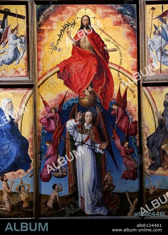 Weyden, Rogier van der; 1399/1400-1464. "Christus als Weltenrichter und Erzengel Michael als Seelenwäger", um 1449/51. Mitteltafel des Altars mit dem "Jüngsten Gericht". Öl auf Holz, Mitteltafel 220 x 109 cm. Beaune, Hôtel-Dieu.