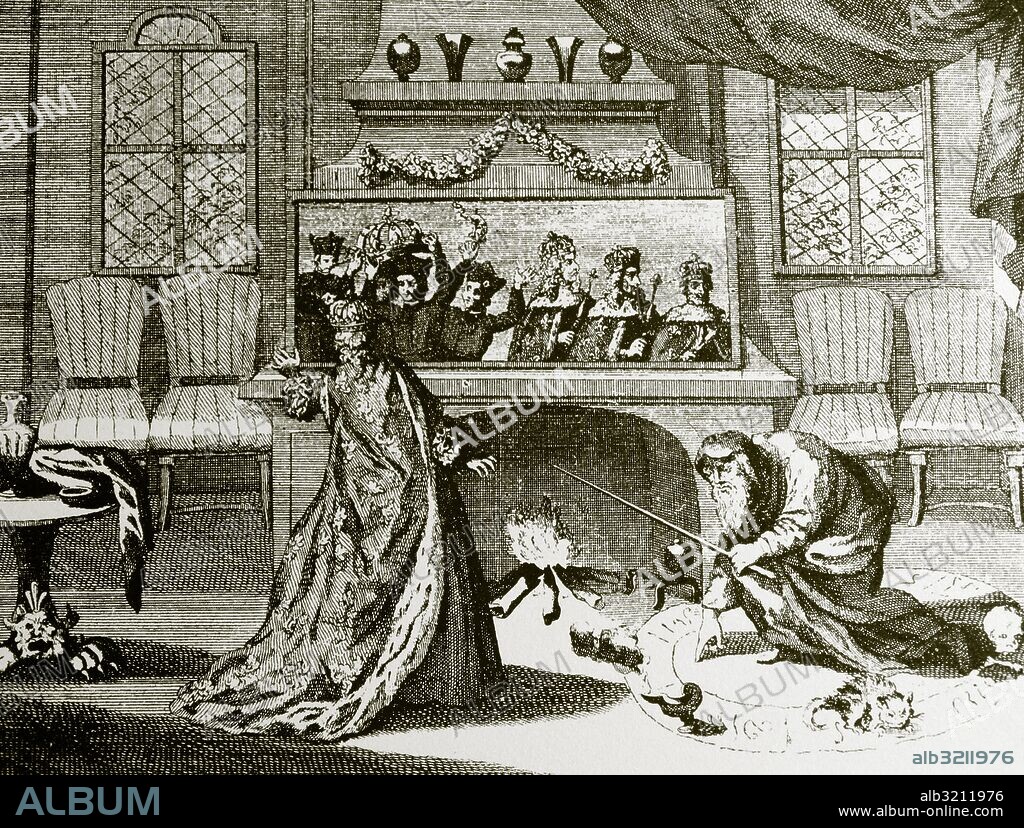 Engraving depicting Michel de Nostredame (1503-1566) a French apothecary and reputed seer, predicting the fate of French kings to Catherine de Medici by means of a magic mirror. Dated 19th Century.