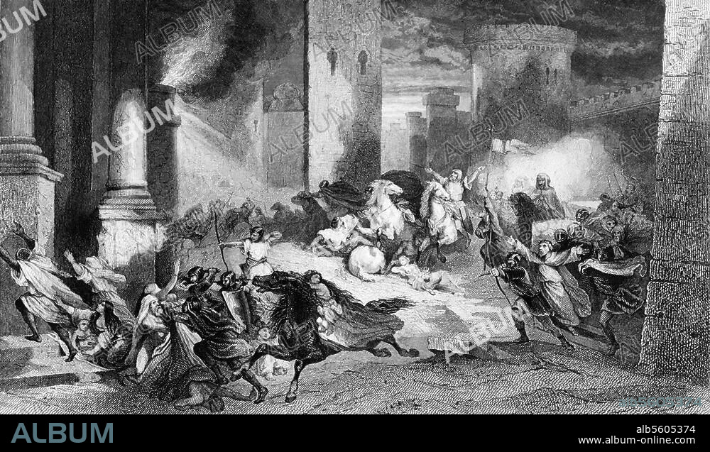 First Crusade 1096-99. Taking of the town of Antioch, 3 June. 1098. - "Capture of Antioch by the Crusaders"- Steel engraving by Lechard after painting 1840, by Louis Gallait (1810-1887). From: Ch. Gavard. Galeries historiques de Versailles, Paris, undated (c. 1845). Berlin, Sammlung Archiv für Kunst und Geschichte.