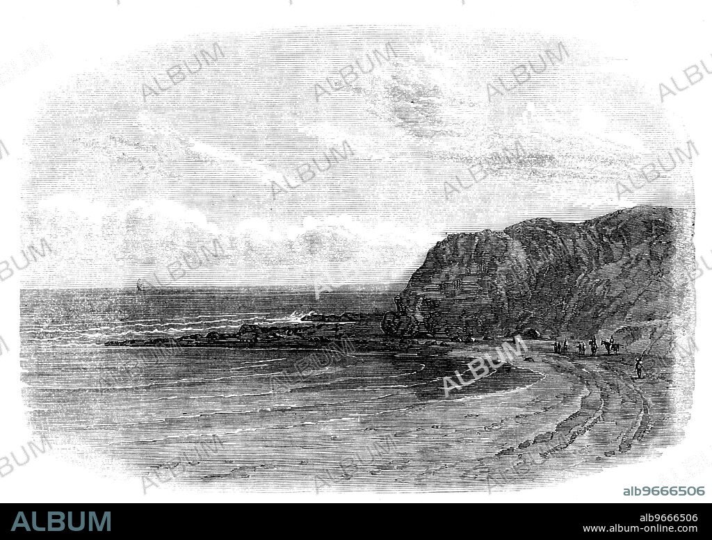View of the Coast of Natal, 1857. Engraving from a sketch by Mr. James B. West. 'Natal has been described as a long strip of country in South Africa, along the coast and inland as far as the Drakenaberg, or Quathlamba Mountains, its port lying 1000 miles to the north-east of the Cape of Good Hope'. From "Illustrated London News", 1857.