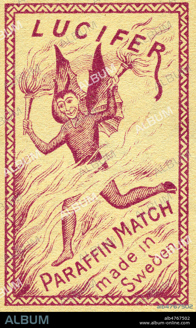'Lucifer, paraffin match'. Etiquette de boite d'allumettes suedoise, vers 19350. Illustrations anonymes. Credit : Collection IM/KHARBINE-TAPABOR.