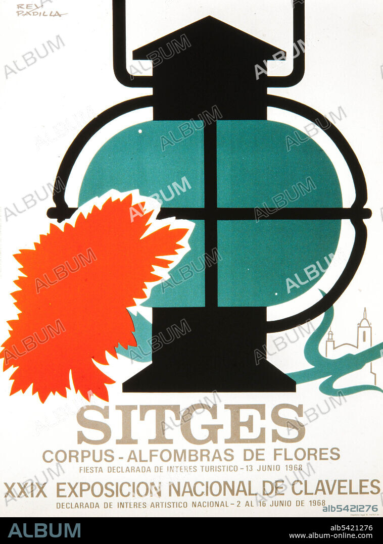 SEBASTIAN REY PADILLA. Cartel de Sebastián Rey Padilla, 'Sitges, Corpus - Alfombras de Flores. 13 junio 1968. XXIX Exposición Nacional de Claveres. 2 al 16 junio de 1968'. Colección privada.