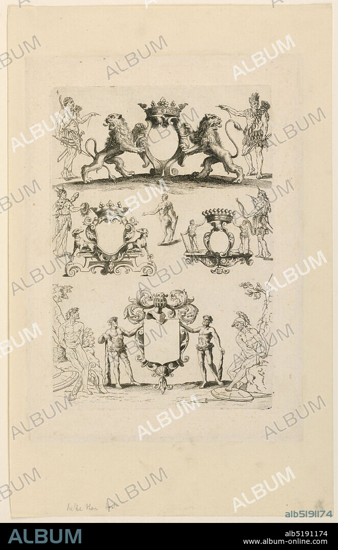 Design for Coat of Arms, from 'Livre de Cartouches', Nicolas Guérard, French, 16481719, Etching on paper, Plate 4. Four escutcheons. Four native men, a satyr. Two captives., France, ca. 1680, Print, Print.