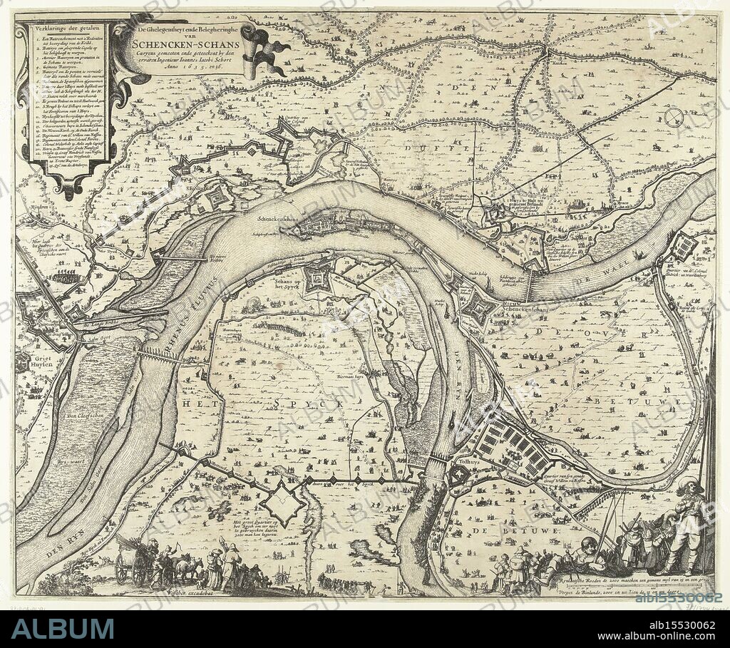 Amsterdam, Visscher, Claes Jansz. (II), Schort, Johannes Jacobus, The Siege and Besiegement of Schencken Schans Curyeus measured and drawn by the experienced Engineer Ioannes Iacobi Schort Anno 1635. and 36., Map with the siege and conquest of Schenckenschans by Frederik Hendrik, 1635-1636, Map of the siege and capture of Schenckenschans, located at the fork in the Rhine and Waal, by the States army under Frederik Hendrik, 1635-1636. Top left the title and the legend 1-25. Bottom right soldiers and a fisherman with two fishing rods and a compass. At the bottom in the foreground various figures., print, picture, map, news print, prints, pictures, Frederik Muller Historieplaten, height 473 mm, width 569 mm, Noord-Nederlands, 1586 - 1652-06-19, print maker, printmaker, 1636 - 1636, second quarter 17th century, paper, papier, etching, etchings, Nederlands, cartographer, Publication (Event), Publicatie, publisher.