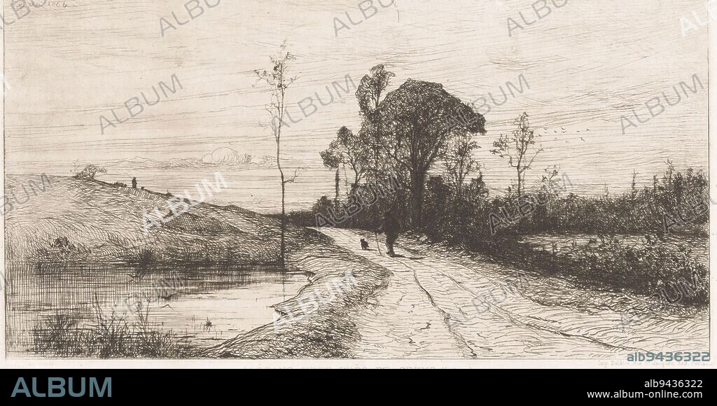 Walker on a country road along the water, Jacques Barthélemy Appian (Adolphe), 1864, Numbered top right: 116., print maker: Jacques Barthélemy Appian (Adolphe), (mentioned on object), printer: Auguste Delâtre, (mentioned on object), print maker: France, printer: Paris, 1864, paper, etching, h 158 mm - w 285 mm.