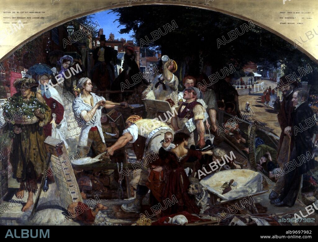 In the Sweat Of The Face Shalt Thou Eat Bread. Work. by Ford Maddox Brown (finished 1868). Ford Madox Brown (April 16, 1821 - October 6, 1893) was an English painter of moral and historical subjects, notable for his distinctively graphic and often Hogarthian version of the Pre-Raphaelite style. While he was closely associated with the Pre-Raphaelite Brotherhood, he was never actually a member. Brown's most important painting was Work (1852-1865), which he showed at a special exhibition. It attempted to depict the totality of the mid-Victorian social experience in a single image, depicting 'navvies' digging up a road, and disrupting the old social hierarchies as they did so. The image erupts into proliferating details from the dynamic centre of the action, as the workers tear a hole in the road - and, symbolically, in the social fabric. Each character represents a particular social class and role in the modern urban environment. Brown wrote a catalogue to accompany the special exhibition of Work. This publication included an extensive explanation of Work that nevertheless leaves many questions unanswered. ©2006 Credit:TopFoto.