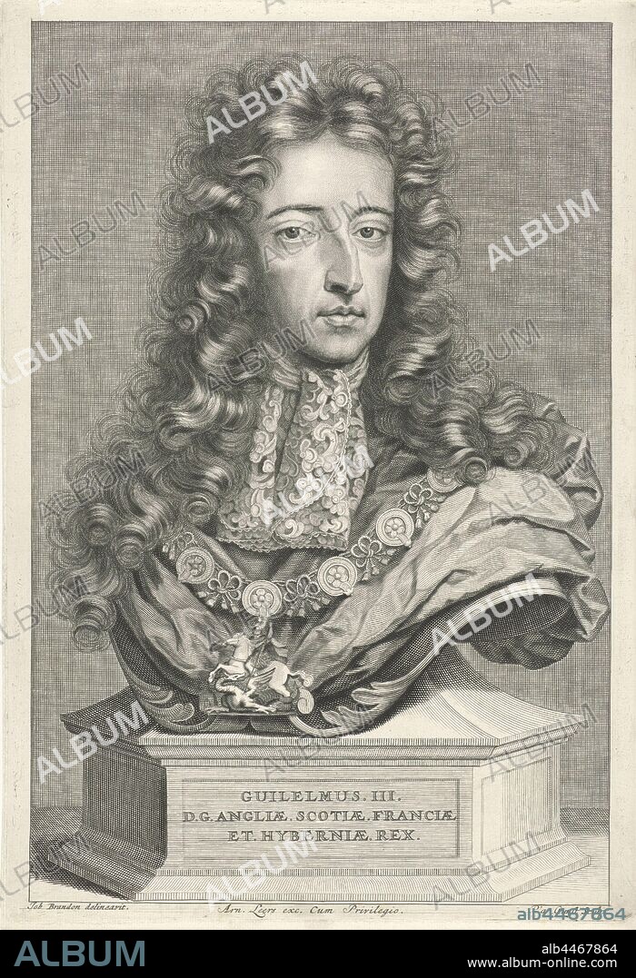 Portrait of William III, Prince of Orange-Nassau, King of England, Bust of William III, King of England. He bears the order mark of the Garter, knighthood order, Willem III (Prince of Orange and King of England, Scotland and Ireland), Pieter van Gunst (mentioned on object), Amsterdam, 1689 - 1731, paper, engraving, w 229 mm × h 333 mm.