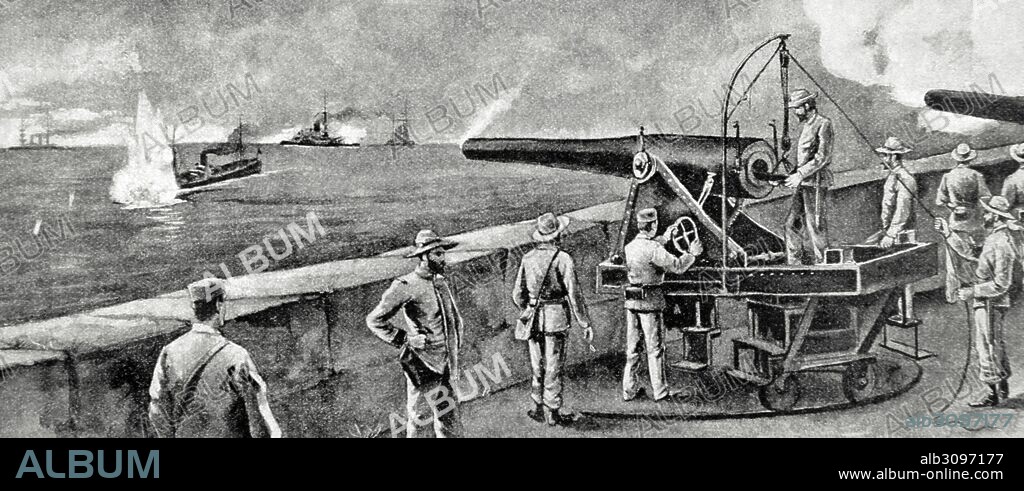 GUERRA HISPANO-ESTADOUNIDENSE o Guerra de Cuba o Guerra Hispano-Cubano-Norteamericna. Conflicto bélico entre España y EEUU en 1898, resultado de la intervención de USA en la guerra de Independencia Cubana. "Santiago de Cuba. Voladura del Merrimac, por un torpedero español. Batalla naval de Santiago de Cuba, 3 de julio de 1898". Grabado. La Ilustración Ibérica, 1898.