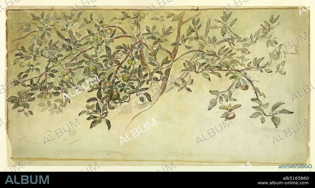 Apple Tree (Study for a Decorative Design), Walter Shirlaw, American, b. Scotland, 18381909, Brush and watercolor, graphite on paper, Ripening apples are shown. Framed by a colored stripe., USA, 187580, nature studies, Drawing, Drawing.
