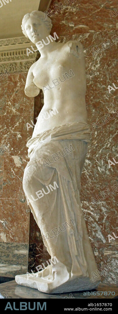 Venus de Milo, is an ancient Greek statue and one of the most famous works of ancient Greek sculpture. Created at some time between 130 and 100 BC, believed to depict Aphrodite (Venus) the Greek goddess of love and beauty. marble sculpture, slightly larger than life size. Louvre Museum in Paris.