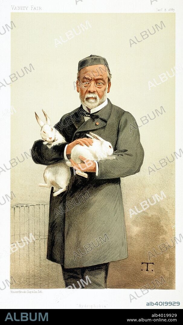 Louis Pasteur, French chemist and founder of modern bacteriology, 1887. Pasteur (1822-1895) holding rabbits used in his work on hydrophobia (rabies). Pasteur developed the pasteurisation process which kills pathogens in milk, wine and foods, and he produced vaccines against anthrax and rabies. In 1884 he was appointed Professor of Chemistry at the University of Lille where he researched the reasons why some alcohols turn sour, discovering in the process, that by heating liquid to a certain temperature, the bacteria were killed. Cartoon from Vanity Fair, January 1887.