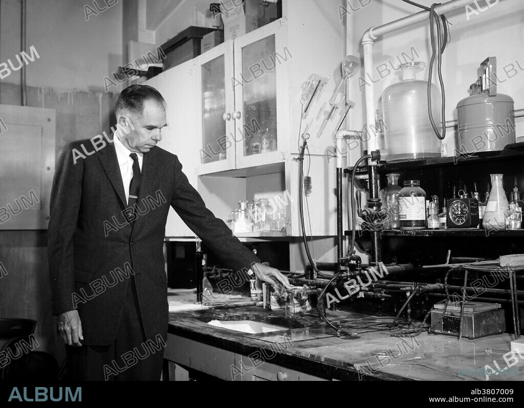 Seaborg's plutonium laboratory in Building 18 (Gilman Hall), August 29, 1962. Glenn Theodore Seaborg (April 19, 1912 - February 25, 1999) was an American chemist whose involvement in the synthesis, discovery and investigation of 10 transuranium elements earned him a share of the 1951 Nobel Prize in Chemistry. He was the principal or co-discoverer of ten elements: plutonium, americium, curium, berkelium, californium, einsteinium, fermium, mendelevium, nobelium and element 106, which, while he was still living, was named seaborgium in his honor. He discovered more than 100 atomic isotopes and is credited with important contributions to the chemistry of plutonium, originally as part of the Manhattan Project where he developed the extraction process used to isolate the plutonium fuel for the second atomic bomb. He advised ten US Presidents - from Truman to Clinton - on nuclear policy and was Chairman of the US Atomic Energy Commission from 1961-71, where he pushed for commercial nuclear energy and the peaceful applications of nuclear science. In 1998 he suffered a stroke, which led to his death six months later at the age of 86.