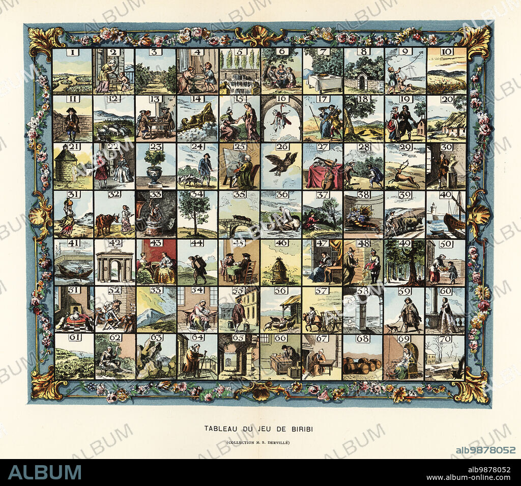 An illustrated board for the Italian game of chance Biribi or biribissi, outlawed in 1837. Players bet on numbers from 1 to 70. Each number is illustrated with allegorical figures. Tableau du jeu de Biribi (collection M.S. Derville). Handcoloured lithograph from Henry Rene dAllemagnes Recreations et Passe-Temps, Games and Pastimes, Hachette, Paris, 1906.